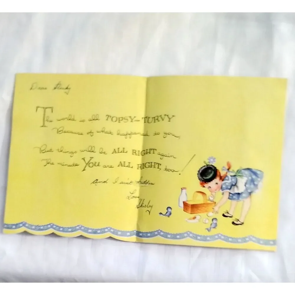 Vintage Get Well Card Fine Linen Paper Topsy Turvy Girl Bluebirds T 2163 USA